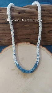 Hand Beaded Slate blue and white rope necklace - Cheyenne Heart Designs