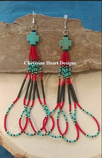 Red, teal, and black dangle earrings with turquoise cross - Cheyenne Heart Designs