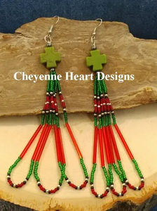 Red, green, and black dangle earrings with dyed green Howlite cross - Cheyenne Heart Designs