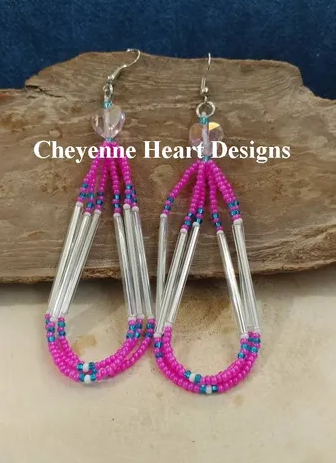 Hot pink, blue, and silver colored dangle earrings with a pink crystal heart - Cheyenne Heart Designs