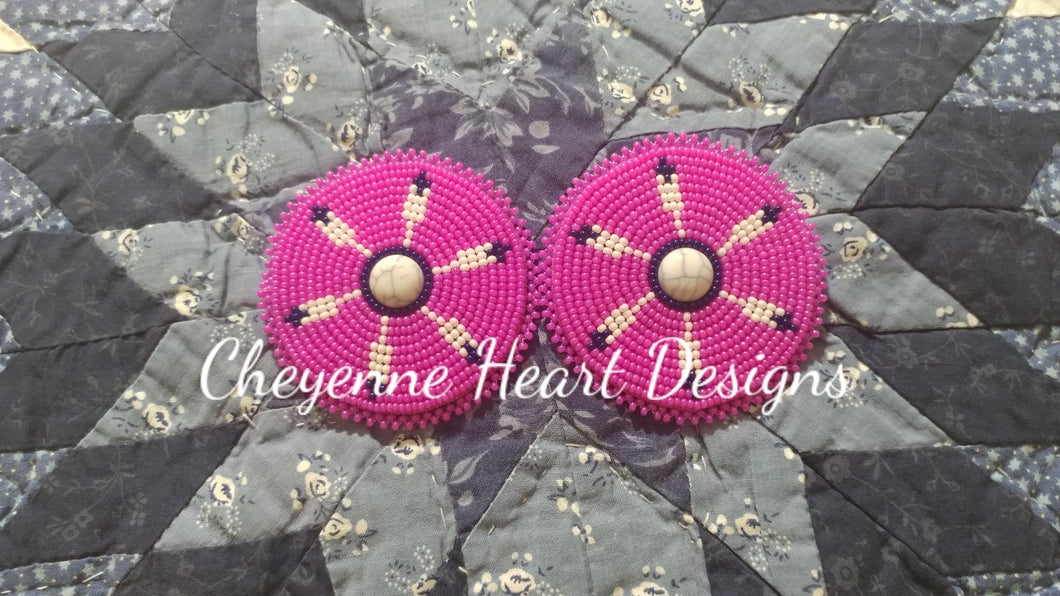 Hot pink feather medallion earrings - Cheyenne Heart Designs